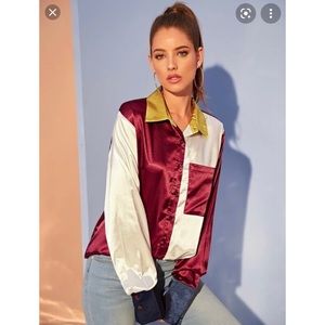 Color-Block Pocket Front Satin Blouse